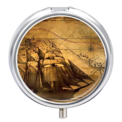 Nautical Sailing Pirate Theme Pill Box,3 Compartments Round Small Pills Case Moisture-Proof Portable Pill Container for Travel Vitamins Fish Oil Supplements