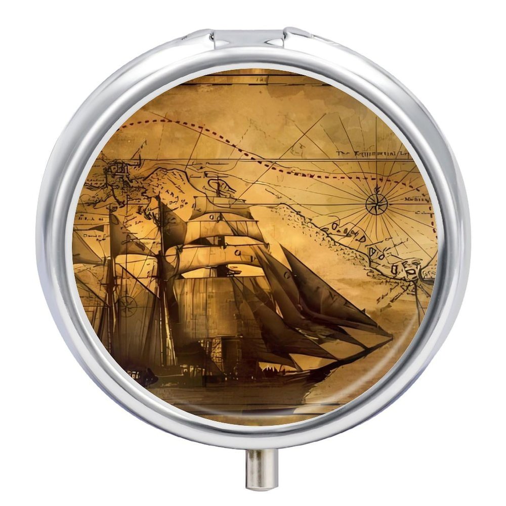 Nautical Sailing Pirate Theme Pill Box,3 Compartments Round Small Pills Case Moisture-Proof Portable Pill Container for Travel Vitamins Fish Oil Supplements