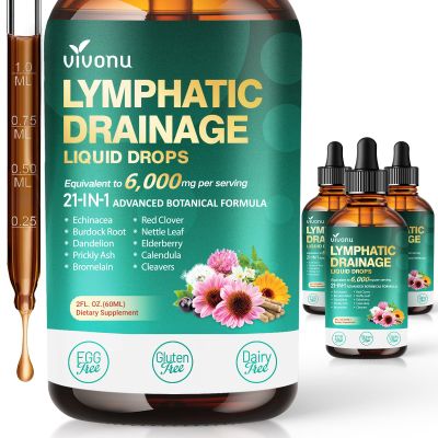 21-in-1 Lymphatic Drainage Drops for Liposomal, Immune & Lymph System Support Supplement for Women & Men with Echinacea, Dandelion, Burdock, Bromelain, Calendula, Turmeric & More, 3 Pack