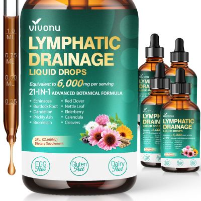 21-in-1 Lymphatic Drainage Drops for Liposomal, Immune & Lymph System Support Supplement for Women & Men with Echinacea, Dandelion, Burdock, Bromelain, Calendula, Turmeric & More, 4 Pack