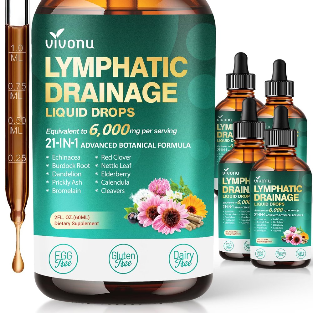 21-in-1 Lymphatic Drainage Drops for Liposomal, Immune & Lymph System Support Supplement for Women & Men with Echinacea, Dandelion, Burdock, Bromelain, Calendula, Turmeric & More, 4 Pack