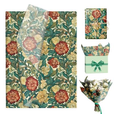 100 Sheets Watercolor William Morris Tissue Paper Vintage Red Green Florals Botanical Design Wrapping Paper DIY Arts Crafts for Birthday Wedding Bridal Party Valentine's Day Decor Supplies