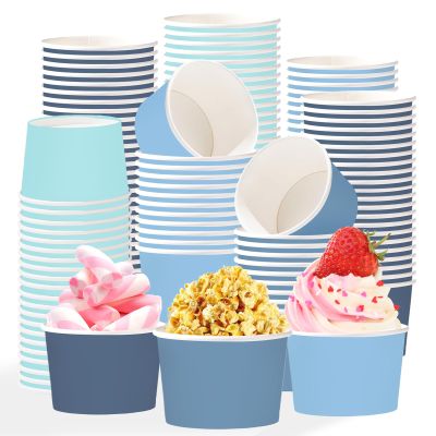 120Pcs Dusty Blue Paper Ice Cream Cups 12oz Disposable Gradient Blue Paper Dessert Snack Bowls Summer Ocean Party Food Yogurt Cups for Hot Cold Soup Birthday Wedding Pool Bridal Baby Shower Supplies