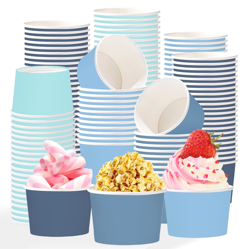 120Pcs Dusty Blue Paper Ice Cream Cups 12oz Disposable Gradient Blue Paper Dessert Snack Bowls Summer Ocean Party Food Yogurt Cups for Hot Cold Soup Birthday Wedding Pool Bridal Baby Shower Supplies