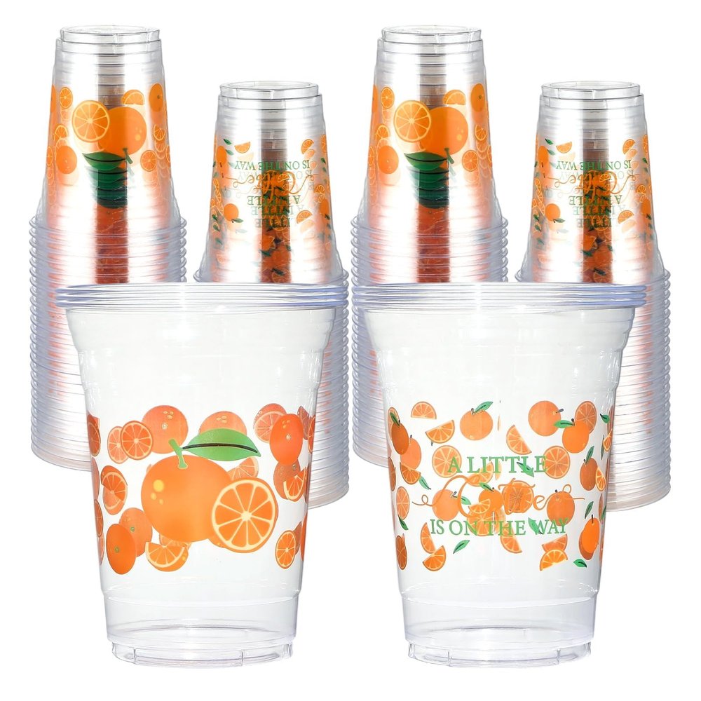 100Pcs Little Cutie Baby Shower Plastic Cups 16 oz Orange Disposable Plastic Cup Cute Orange Clear Cocktail Glasses for Summer Birthday Baby Shower Beverage Juice Drinking Snack Coffee Party Supplies