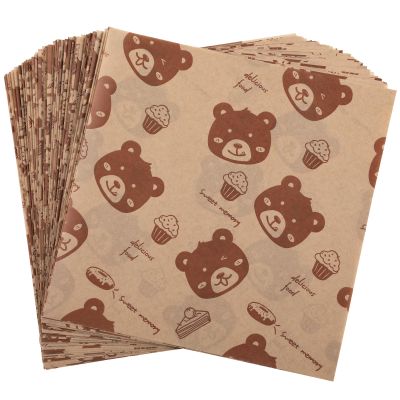 GeeRic Waxed Deli Paper Sheets 100 Pcs, 7 * 7 Inch Food Basket Liners for Sandwiches, Burgers, Brown Wax Paper Sheet for Food Bear Print