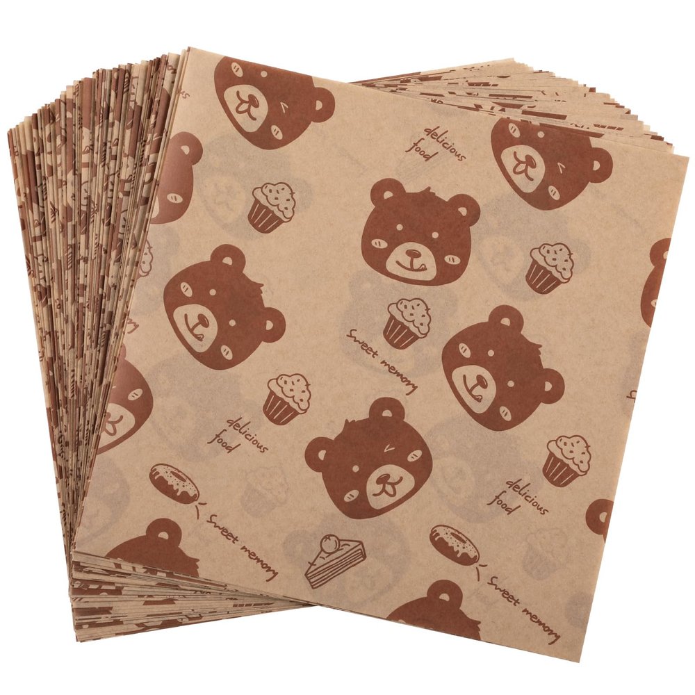 GeeRic Waxed Deli Paper Sheets 100 Pcs, 7 * 7 Inch Food Basket Liners for Sandwiches, Burgers, Brown Wax Paper Sheet for Food Bear Print