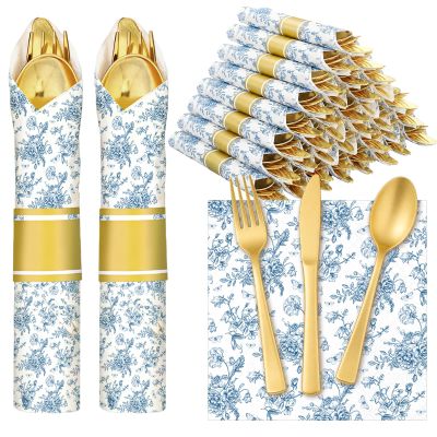 Meanplan 24 Set Blue and White Chinoiserie Flower Party Supplies Cutlery Blue Flower Pre Rolled Gold Plastic Silverware Set Spring Baby Shower Birthday Disposable Wrapped for Wedding Tea Party