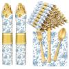 Meanplan 24 Set Blue and White Chinoiserie Flower Party Supplies Cutlery Blue Flower Pre Rolled Gold Plastic Silverware Set Spring Baby Shower Birthday Disposable Wrapped for Wedding Tea Party view 1