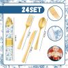 Meanplan 24 Set Blue and White Chinoiserie Flower Party Supplies Cutlery Blue Flower Pre Rolled Gold Plastic Silverware Set Spring Baby Shower Birthday Disposable Wrapped for Wedding Tea Party view 2
