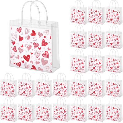 Shinylin 24 Pcs Valentines Gift Bags Bulk Valentine's Day Clear PVC Goodie Gift Bag with Handle Red Heart Plastic Tote Bags Reusable Galentines Day Party Favors for Birthday Wedding Anniversary