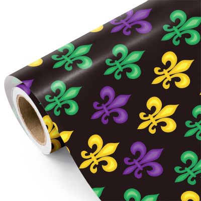 WRAPAHOLIC Carnival Wrapping Paper Roll - Mini Roll - 17 Inch x 16.5 Feet - Purple, Green and Gold Fleur-de-Lis on Black Wrapping Paper for Mardi Gras Party, Carnival, Birthday