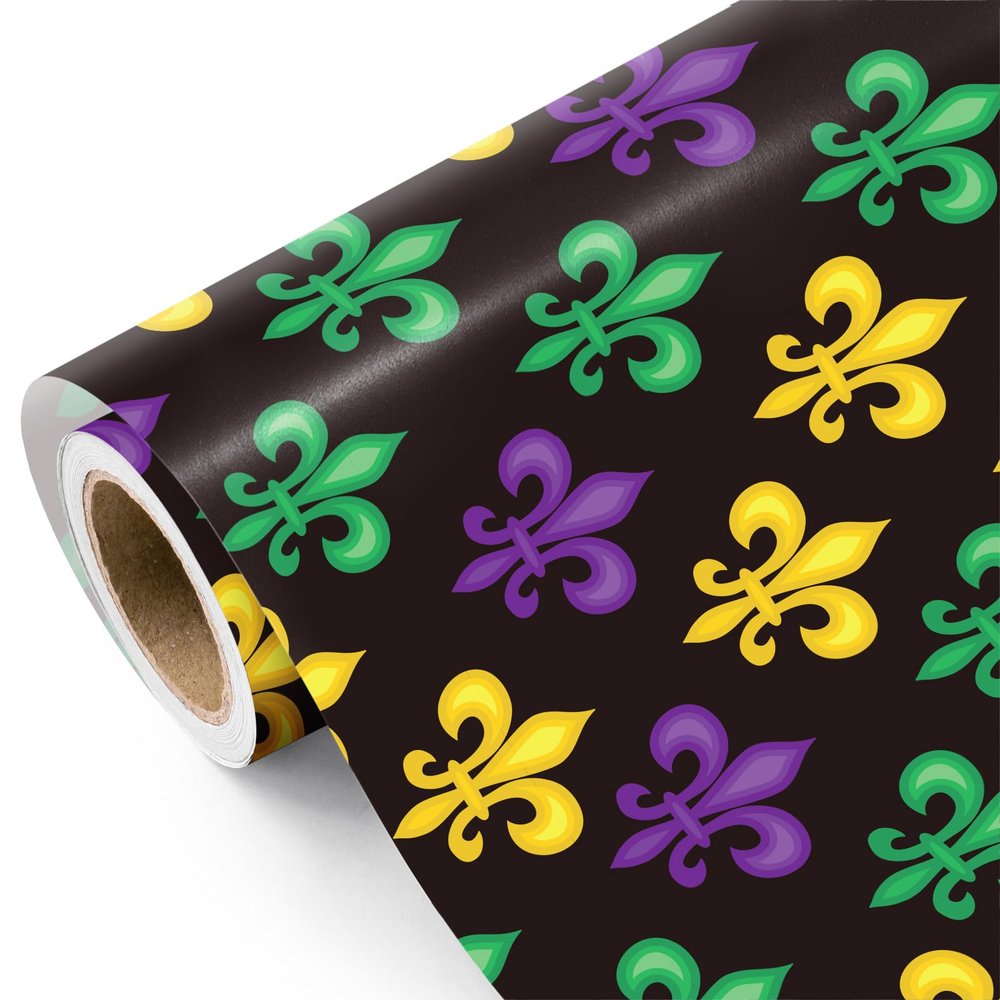 WRAPAHOLIC Carnival Wrapping Paper Roll - Mini Roll - 17 Inch x 16.5 Feet - Purple, Green and Gold Fleur-de-Lis on Black Wrapping Paper for Mardi Gras Party, Carnival, Birthday