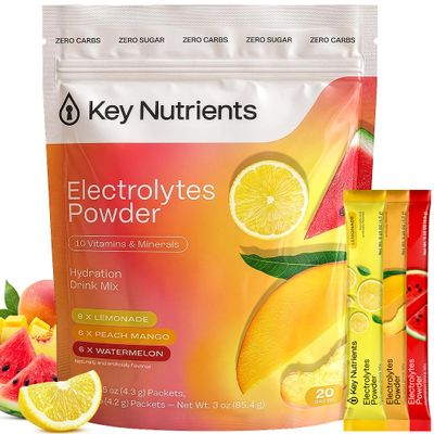 KEY NUTRIENTS Selenium Electrolytes Powder Packets Variety Pack Sugar Free Hydration Drink Mix Keto Hydration Packets Improved Refreshing Taste Lemonade, Peach Mango & Watermelon 20 Pack