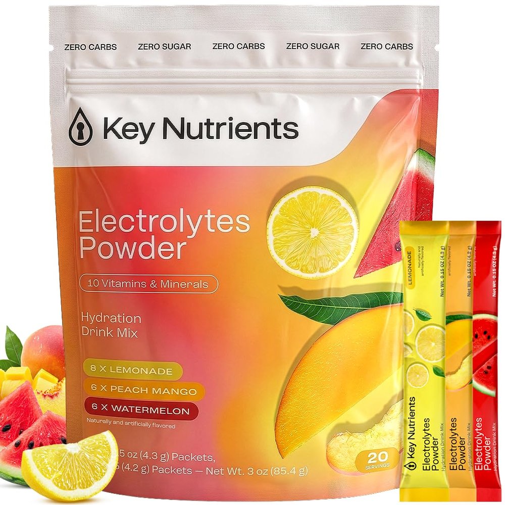 KEY NUTRIENTS Selenium Electrolytes Powder Packets Variety Pack Sugar Free Hydration Drink Mix Keto Hydration Packets Improved Refreshing Taste Lemonade, Peach Mango & Watermelon 20 Pack