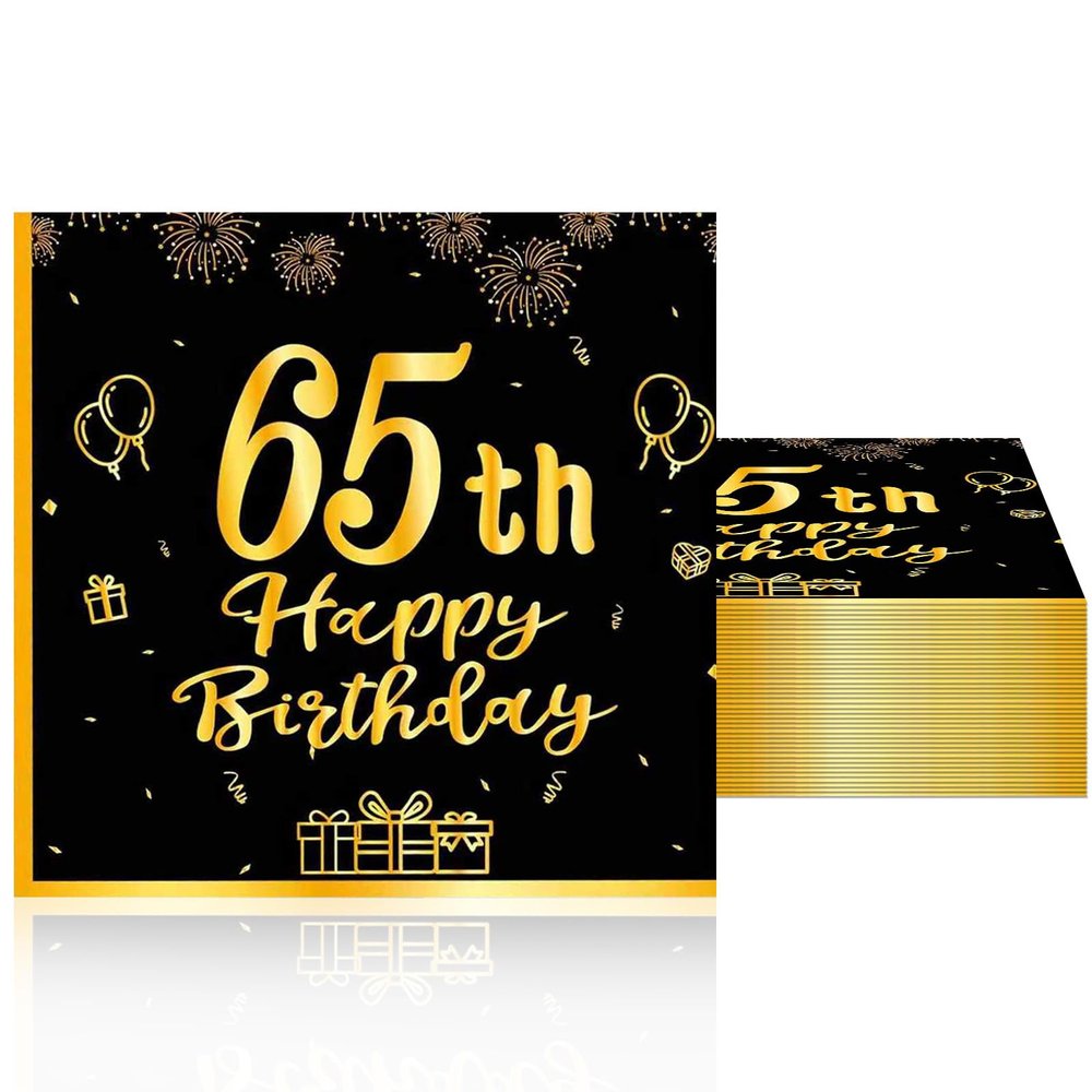 40PCS 65th Birthday Napkins, Black and Gold Happy 65th Birthday Disposable Paper Napkins, 65th Birthday Decorations for Men Women, 65th Anniversary Party Supplies 6.5 6.5 inches