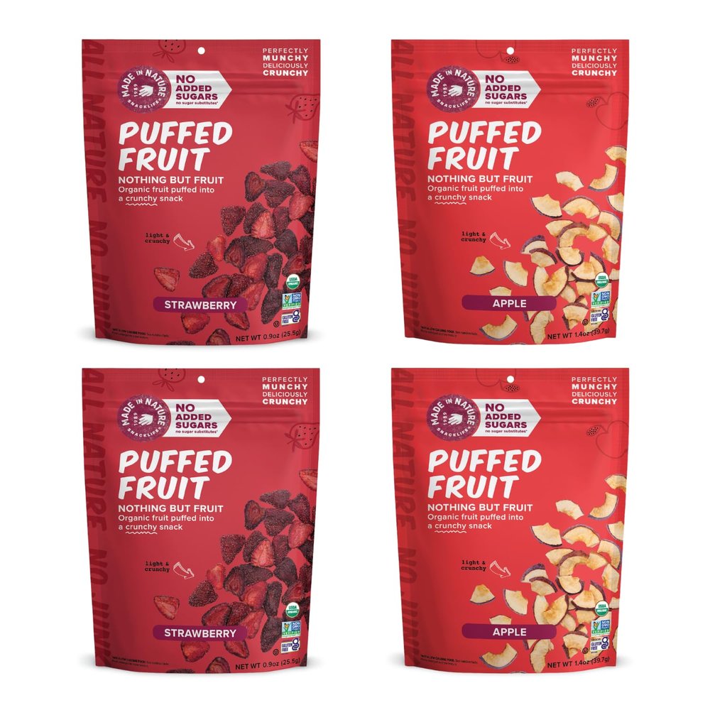 Made In Nature Organic Puffed Fruit, Favorites Pack (Pack of 4) 2 Strawberry, 2 Apple, Air-Dried & Crispy, No Added Sugar, Gluten Free, Simple Ingredients