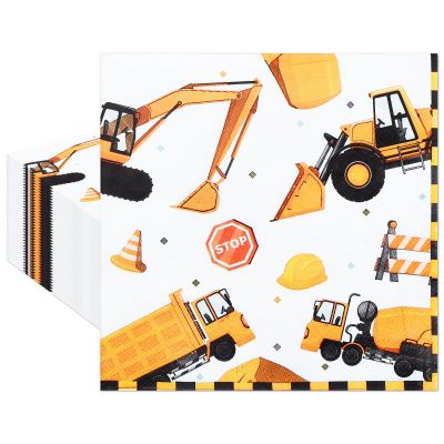 40 Pack Construction Party Paper Napkins 13 x 13 Inches Disposable Napkins with Excavator, Dump Truck, Cement Mixer, and Traffic Sign Designs for Birthday Parties and Construction-Themed Events