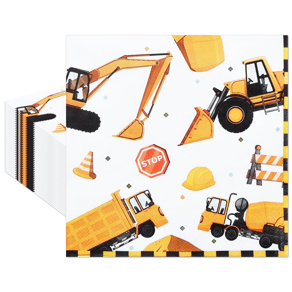 40 Pack Construction Party Paper Napkins 13 x 13 Inches Disposable Napkins with Excavator, Dump Truck, Cement Mixer, and Traffic Sign Designs for Birthday Parties and Construction-Themed Events