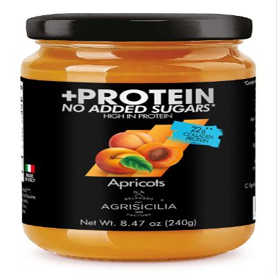 Agrisicilia Apricot Fruit Spread + Proteins Italian Fruit Jam, 240 g Glass Jar, Made in Sicily, Natural Fruit Breakfast Spread for Active Lifestyles (1 Pack, Apricot)