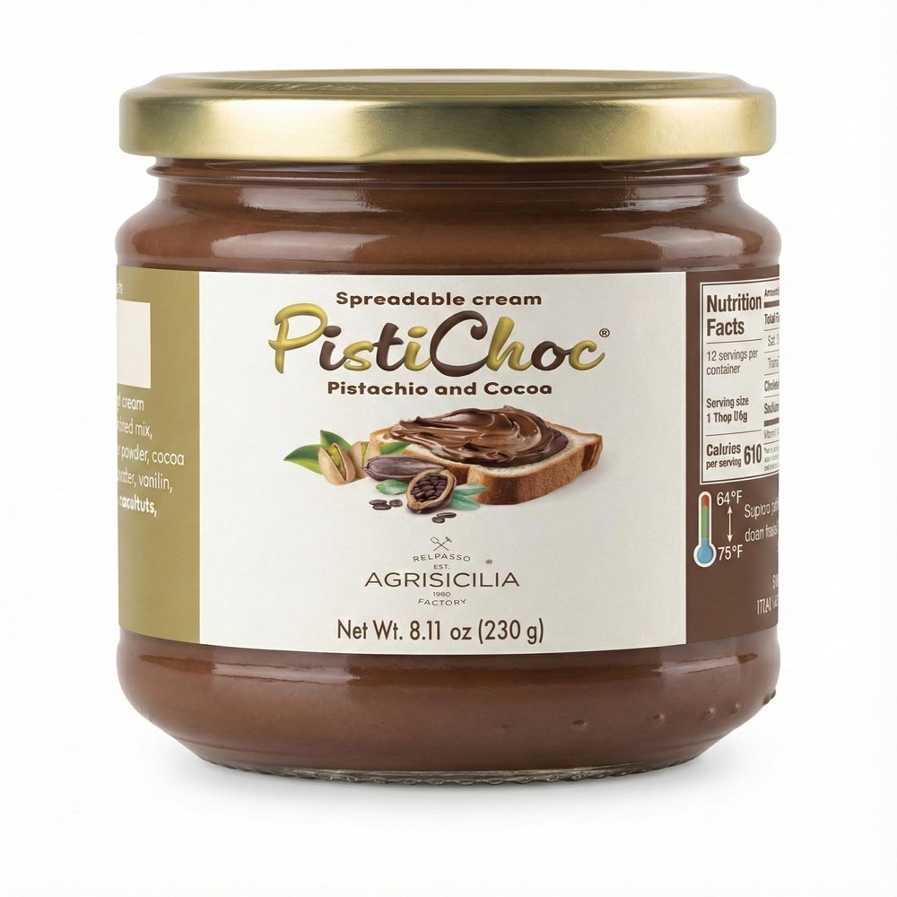 Agrisicilia Pistachio & Cocoa Cream Spread Italian Chocolate Pistachio Spreadable Dessert, 230 g Glass Jar, Made in Sicily
