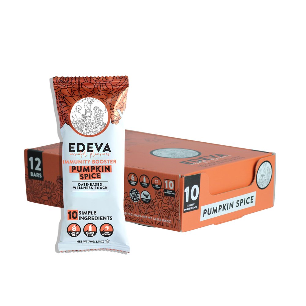 EDEVA Unsinful Pleasures Date Based Wellness Snack Barts, 2.5oz bar - 12 Count (Pumpkin Spice)