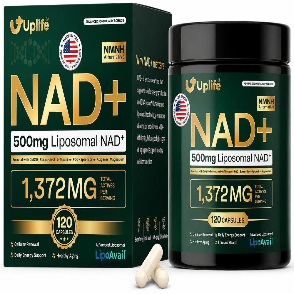 UPLIFE NAD+ Supplement 1,372mg Liposomal NAD+ with CoQ10, Resveratrol, Spermidine, L-Theanine, Apigenin & PQQ NMNH Alternative Booster for Cellular Energy, Healthy Aging, Immune Health 120 Capsules