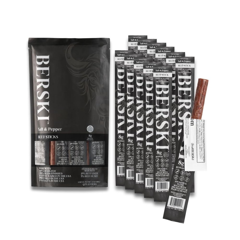 BERSKI Salt & Pepper Beef Sticks 100% Grass-Fed, Grass-Finished Ancestral Blend with Liver & Heart Keto, Paleo Regeneratively Raised USA Beef 12 Pack (1 oz Sticks)