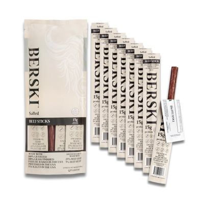 BERSKI Salted Beef Sticks 100% Grass-Fed, Grass-Finished Ancestral Blend with Liver & Heart Keto, Paleo Regeneratively Raised USA Beef 8 Pack (1.9 oz Sticks)