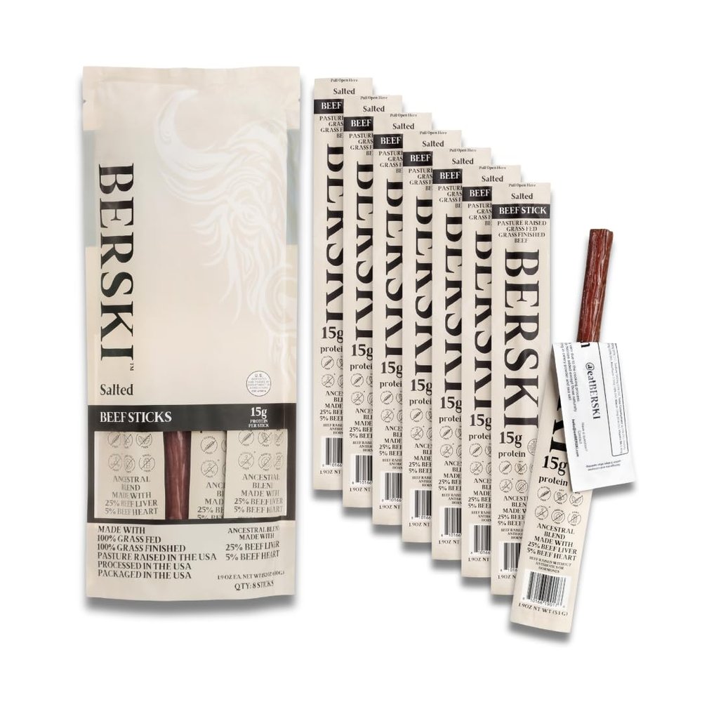 BERSKI Salted Beef Sticks 100% Grass-Fed, Grass-Finished Ancestral Blend with Liver & Heart Keto, Paleo Regeneratively Raised USA Beef 8 Pack (1.9 oz Sticks)