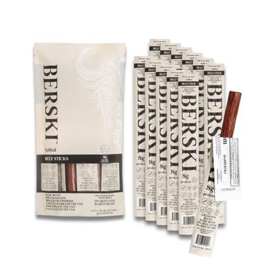 BERSKI Salted Beef Sticks 100% Grass-Fed, Grass-Finished Ancestral Blend with Liver & Heart Keto, Paleo Regeneratively Raised USA Beef 12 Pack (1 oz Sticks)