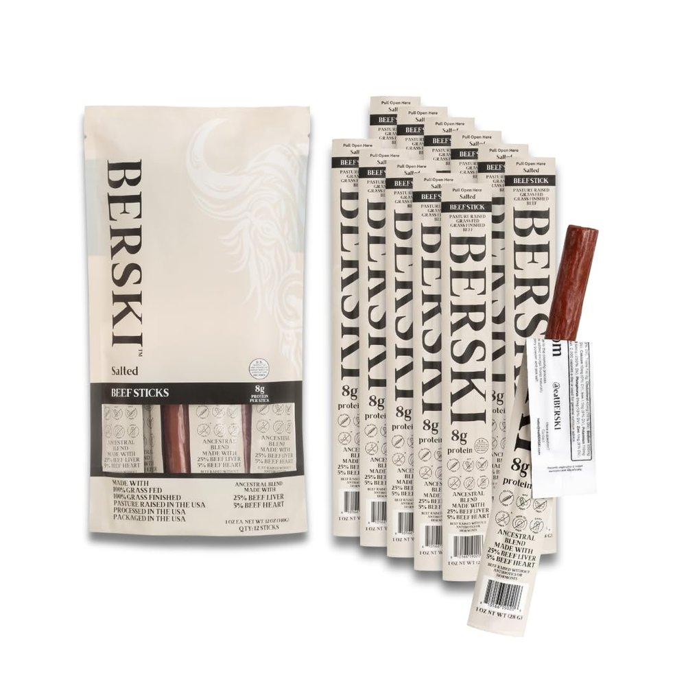 BERSKI Salted Beef Sticks 100% Grass-Fed, Grass-Finished Ancestral Blend with Liver & Heart Keto, Paleo Regeneratively Raised USA Beef 12 Pack (1 oz Sticks)