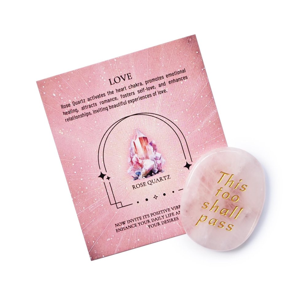"This Too Shall Pass" Engraved Crystal Palm Stone Natural Healing Pocket Stone for Mindfulness, Stress Relief & Positive Energy, Inspirational Gift for Meditation & Daily Healing (Rose Quartz)