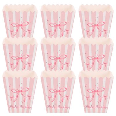 LUOZZY 30 Pcs Pink Bow Popcorn Boxes Striped Paper Containers for Movie Night Party Treats Candy Goody Holders