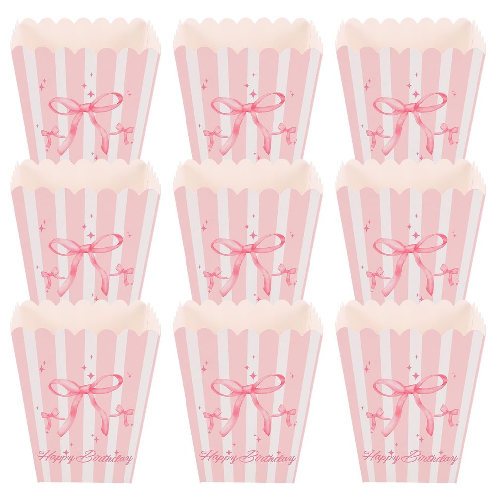 LUOZZY 30 Pcs Pink Bow Popcorn Boxes Striped Paper Containers for Movie Night Party Treats Candy Goody Holders