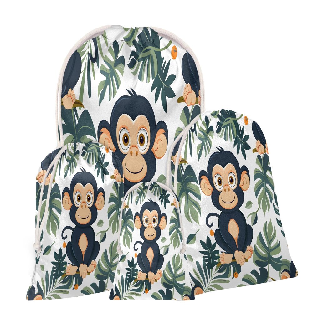 Aglebo Tropical Tree Monkeys Reusable Christmas Gift Bag Set with Drawstring 30" x 20" Xmas Treats Bags Funny Design for Party Birthday Xmas Presents Wrapping Bags (1 Pack)