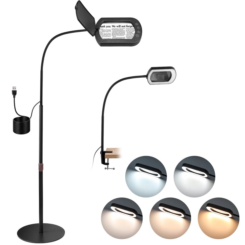COLFULINE 10X Magnifying Glass Floor Lamp 5 Color Mode & Stepless Dimming
