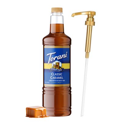 Torani Sugar-Free Classic Caramel Syrup 1 Liter Bottle with Pump Dispenser Zero Calorie Coffee Flavoring with Rich Caramelized Brown Sugar Taste Keto & Diabetic Friendly Sweetener for Lattes and Drinks