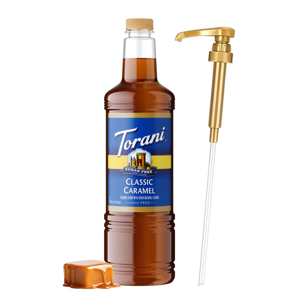 Torani Sugar-Free Classic Caramel Syrup 1 Liter Bottle with Pump Dispenser Zero Calorie Coffee Flavoring with Rich Caramelized Brown Sugar Taste Keto & Diabetic Friendly Sweetener for Lattes and Drinks