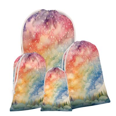Aglebo Watercolor Stars Woods Mountain Reusable Christmas Gift Bag Set with Drawstring 16" x 12" Xmas Treats Bags Funny Design for Party Birthday Xmas Presents Wrapping Bags (1 Pack)