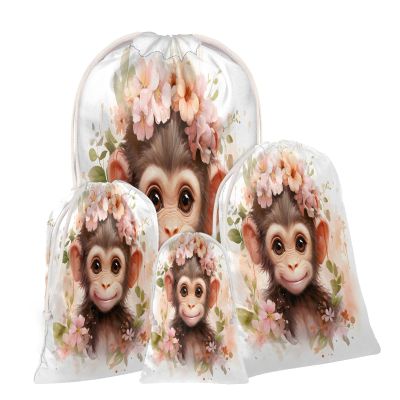 Aglebo Watercolor Monkey Wreath Reusable Christmas Gift Bag Set with Drawstring 12" x 8" Xmas Treats Bags Funny Design for Party Birthday Xmas Presents Wrapping Bags (1 Pack)