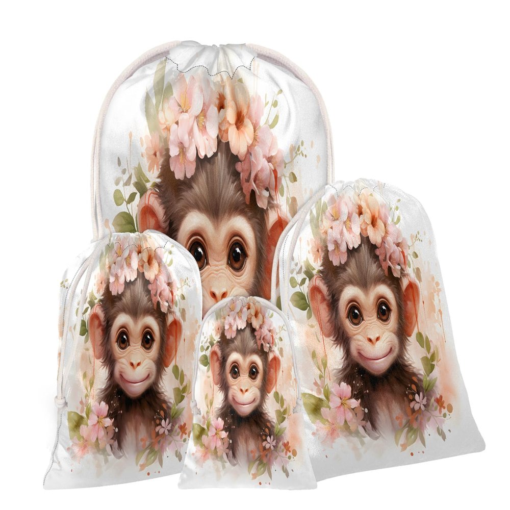 Aglebo Watercolor Monkey Wreath Reusable Christmas Gift Bag Set with Drawstring 12" x 8" Xmas Treats Bags Funny Design for Party Birthday Xmas Presents Wrapping Bags (1 Pack)