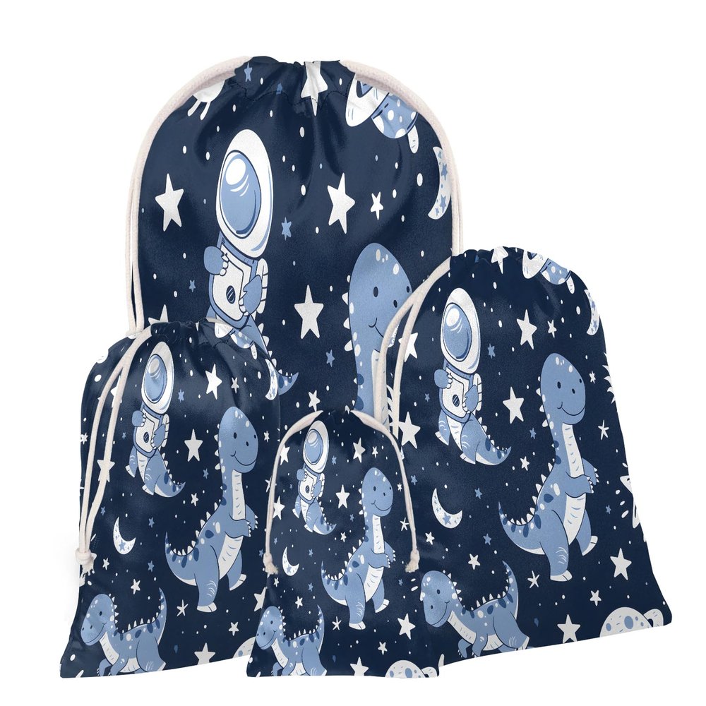 Aglebo Star Dinosaur Astronaut Reusable Christmas Gift Bag Set with Drawstring 21" x 16" Xmas Treats Bags Funny Design for Party Birthday Xmas Presents Wrapping Bags (1 Pack)