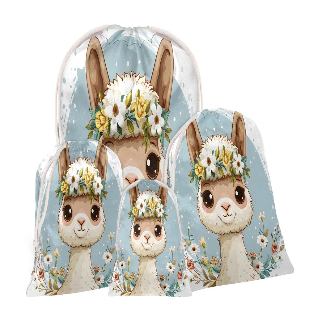 Aglebo Watercolor Alpaca Flower White Reusable Christmas Gift Bag Set with Drawstring 16" x 12" Xmas Treats Bags Funny Design for Party Birthday Xmas Presents Wrapping Bags (1 Pack)