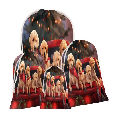 Aglebo Car Dogs Christmas Tree Reusable Christmas Gift Bag Set with Drawstring 16" x 12" Xmas Treats Bags Funny Design for Party Birthday Xmas Presents Wrapping Bags (1 Pack)