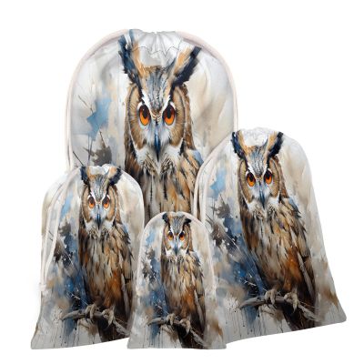 Aglebo Watercolor Owl Reusable Christmas Gift Bag Set with Drawstring 21" x 16" Xmas Treats Bags Funny Design for Party Birthday Xmas Presents Wrapping Bags (1 Pack)
