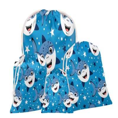Aglebo Star Cartoon Shark Reusable Christmas Gift Bag Set with Drawstring 12" x 8" Xmas Treats Bags Funny Design for Party Birthday Xmas Presents Wrapping Bags (1 Pack)