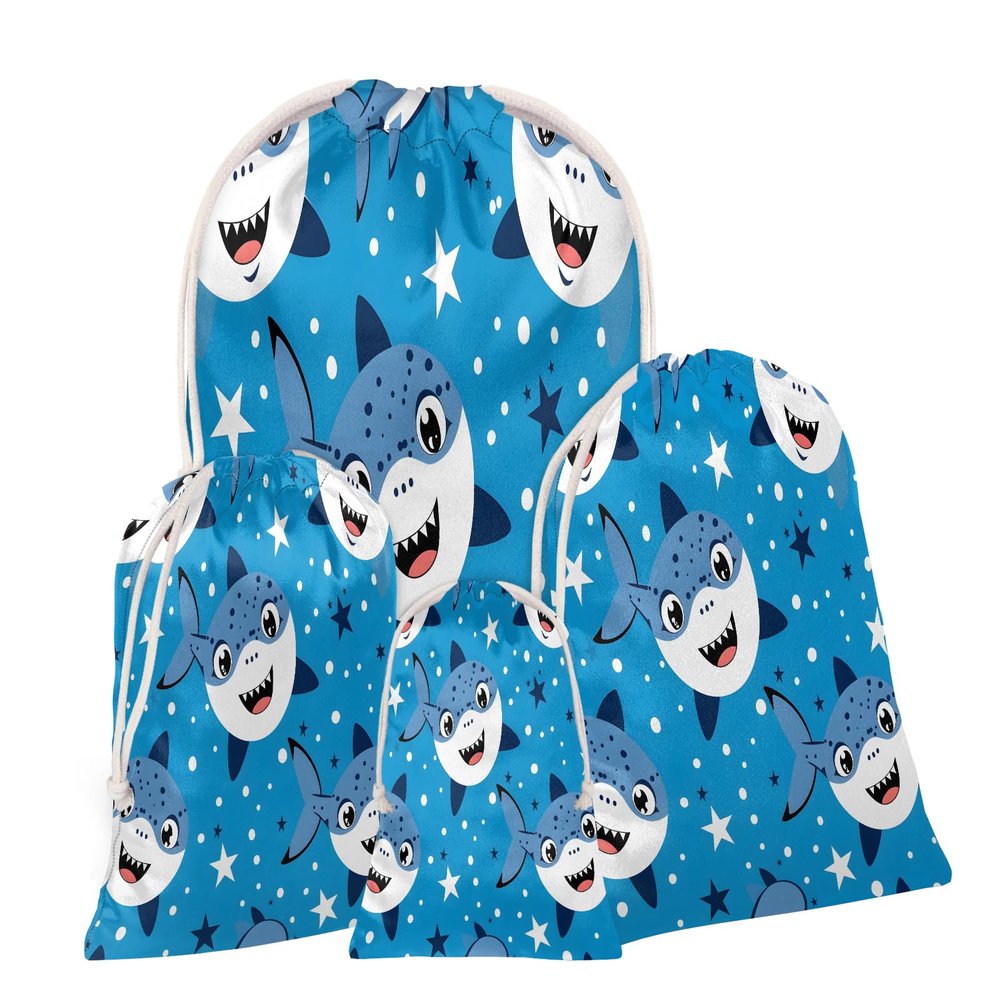 Aglebo Star Cartoon Shark Reusable Christmas Gift Bag Set with Drawstring 12" x 8" Xmas Treats Bags Funny Design for Party Birthday Xmas Presents Wrapping Bags (1 Pack)