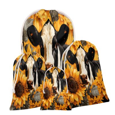 Aglebo Sunflower Cow Watercolor Reusable Christmas Gift Bag Set with Drawstring 30" x 20" Xmas Treats Bags Funny Design for Party Birthday Xmas Presents Wrapping Bags (1 Pack)