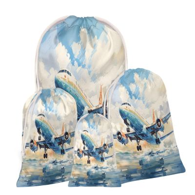 Aglebo Watercolor Airplanes Reusable Christmas Gift Bag Set with Drawstring 21" x 16" Xmas Treats Bags Funny Design for Party Birthday Xmas Presents Wrapping Bags (1 Pack)
